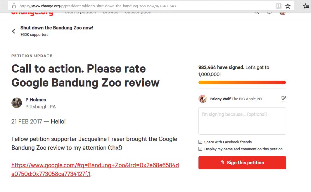 poo calling for bad reviews of bandung zoo on her petition site 1